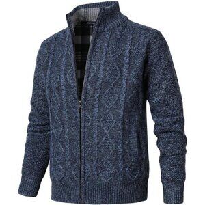Mens Cardigan Sweater Long Sleeve Fleece Knitted Zipper Jacket Stand Collar